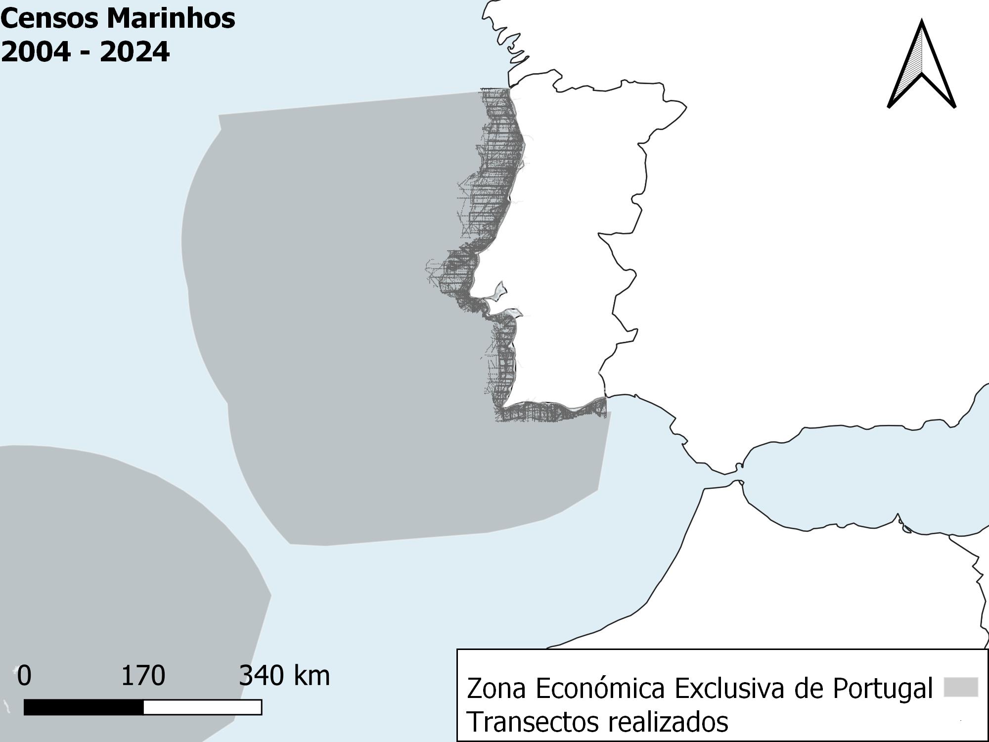 Transectos realizados entre dezembro de 2004 e 2024 para censos de aves marinhas na subárea do continente.